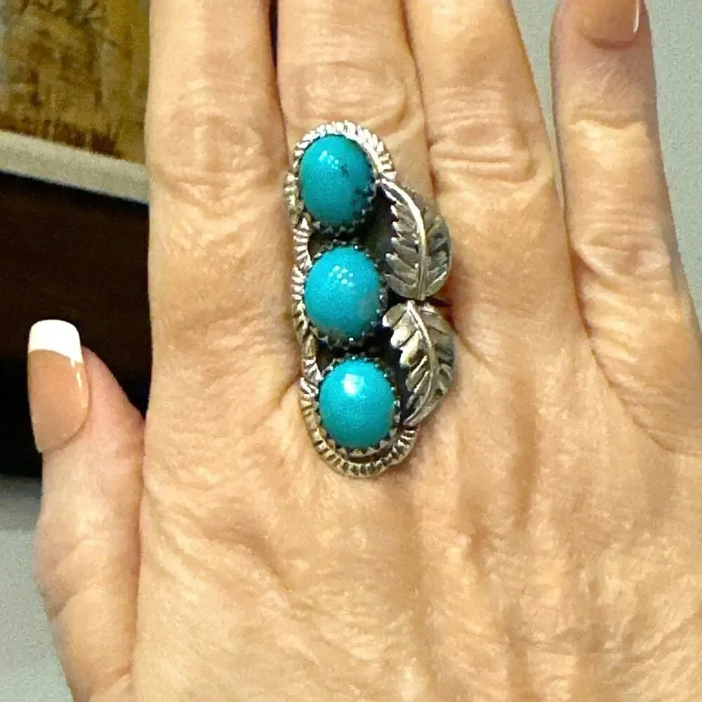Three Stone Turquoise Sterling Silver Ring Size 9 - Picture 5 of 7